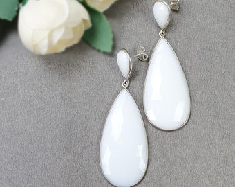 Rhinestone Gemstone Earring 2.75" 925 Sterling Silver Pear Push Back Bezel Dangle & Drop Fashion Statement Earring For Women