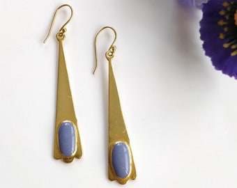 Blue Lapis Enameling Handmade Brass Earring : 2.5*0.35" 18k Gold Plated 5.50GMS Brass Boho Style Drop Dangle Hook Earring Gift For Her