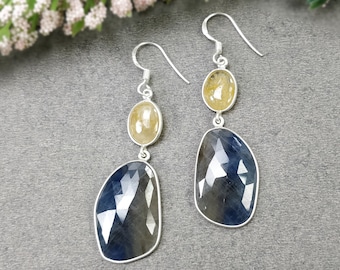 925 Sterling Silver MULTI & BLUE SAPPHIRE Gemstone Earrings : 9.17gms Natural Bezel Set Drop Dangle Hook Earrings 2.35" (With Video)