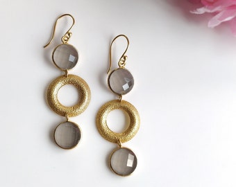 Gray Onyx Gemstone Earring : 2.5" Handmade Brass 18k Gold Plated 7.00gms Bezel Setting Hook Drop Dangle Earring