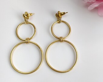 Handmade Brass Earring : 2.25" 18k Gold Plated 10.63gms Brass Boho Style Circle Design Push Back Drop Dangle Earring Gift For Her