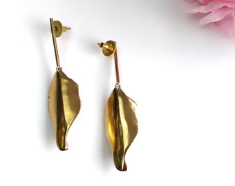 Handmade Brass Earring : 2.50" Waterproof Gold Plated 9.22gms Brass Boho Style Leaf Shape Push Back Drop Dangle Earring Gift For Her