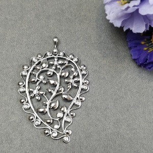 925 Sterling Silver With Cubic Zirconia Pendant : 10.67gms Fashion Jewellry Single Side Floral Leaf Pendant 2.5 Gift For Her image 1