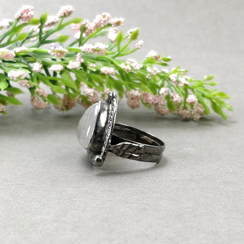 925 Sterling Silver RING : Natural BOTSWANA AGATE Gemstone Uneven Shape Cabochon Bezel Set Fine Statement Victorian Ring 7.5US With Video image 4