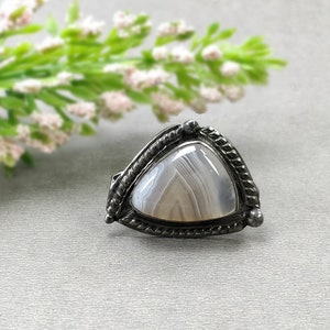 925 Sterling Silver RING : Natural BOTSWANA AGATE Gemstone Uneven Shape Cabochon Bezel Set Fine Statement Victorian Ring 7.5US With Video image 1