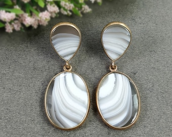 BOTSWANA AGATE Gemstone Earrings : 14.32gms Natural 925 Sterling Silver Rose Gold Plated Oval Bezel Set Push Back Earring 2" (With Video)