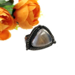 925 Sterling Silver RING : Natural BOTSWANA AGATE Gemstone Uneven Shape Cabochon Bezel Set Fine Statement Victorian Ring 7.5US With Video image 8