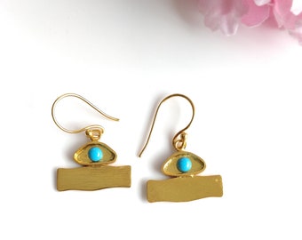 Turquoise Enameling Gemstone Brass Earring : 3*2cm Handmade 18k Gold Plated 4.00gm Boho Style Bezel Set Hook Drop Dangle Earring