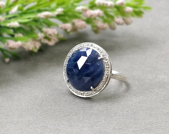 925 Sterling Silver RING : Natural Blue SAPPHIRE Gemstone With CZ Round Rose Cut Prong Set Fine Statement Unisex Ring 6.5US (With Video)