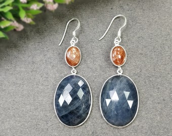 BLUE SAPPHIRE & SUNSTONE Gemstone Earring : 14.37gms Natural Sapphire 925 Sterling Silver Drop Dangle Bezel Set Earrings 2.25" (With Video)