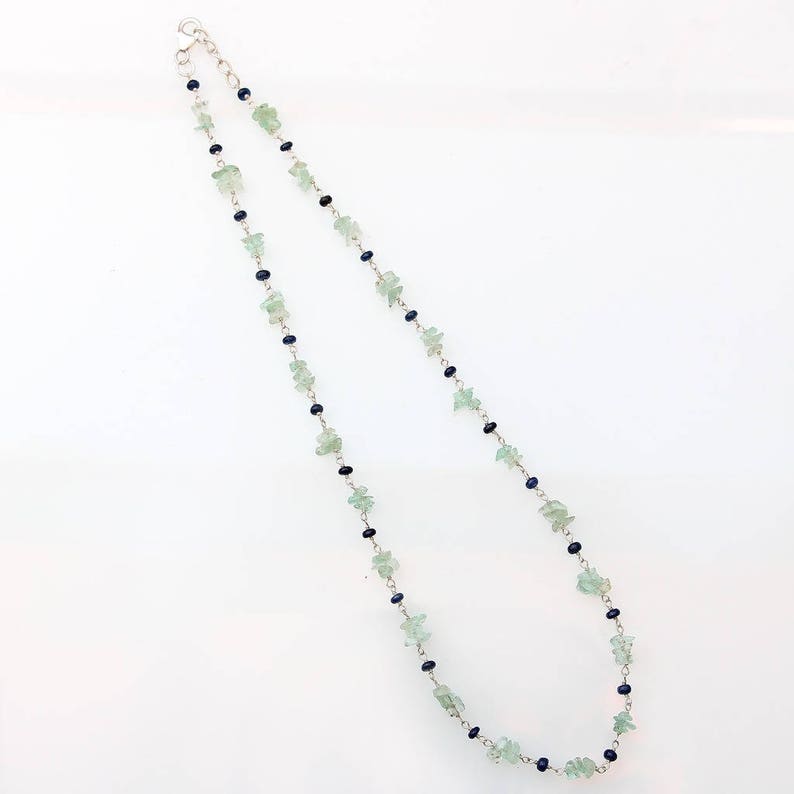 UnCut Natural Emerald Beads Natural Blue Sapphire Sterling Silver Chain Necklace 16 Gift BLUE SAPPHIRE EMERALD Gemstones Beads Necklace