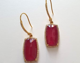 14K Gold Diamond Ruby Earring : 1.80" Natural RUBY Gemstone With DIAMOND 14k GOLD Drop Dangle Prong Set Style Dainty Statement Fine Earring