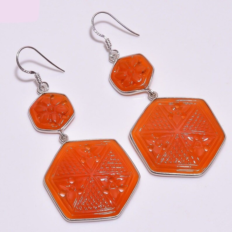 925 Sterling Silver Natural Onyx Hand Carved Earring Carnelian Orange ONYX Gemstone Earring 2.65 Drop Dangle Hook Ear Wire Earring Gift