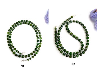 Chrome Diopside Gemstone Beads Necklace : Green Chrome Diopside 925 Sterling Sliver Briolette Checker Cut Beaded Necklace