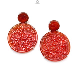 Orange Onyx Carving Silver Earring: 18.12gms Natural Onyx Round Shape Hand Carved 925 Sterling Silver Prong Set Stud Push Back Earring 2&quot;