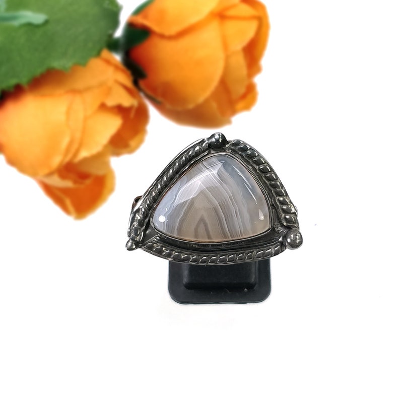 925 Sterling Silver RING : Natural BOTSWANA AGATE Gemstone Uneven Shape Cabochon Bezel Set Fine Statement Victorian Ring 7.5US With Video image 5