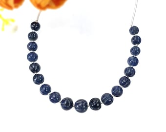 BLUE SAPPHIRE Gemstone Carving Loose Beads: 57.35cts Natural Untreated Sapphire Round Shape Hand Carved Melon Beads 6.5mm - 8mm (With Video)