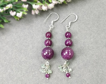 RED RUBY Gemstone Plain Beaded Earring : 14.84gms Natural Emerald 925 Sterling Silver Round Drop Dangle Hook Earrings 2.75" (With Video)