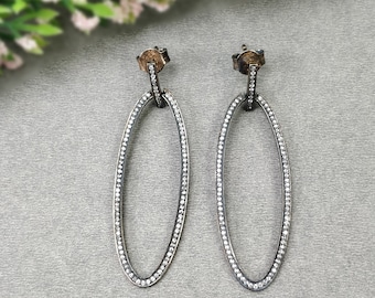 CUBIC ZIRCONIA 925 Sterling Silver Earrings : 5.40gms Oval Shape Victorian Push Back Bezel Set Hoop Fashion Earring 2.5" (With Video)