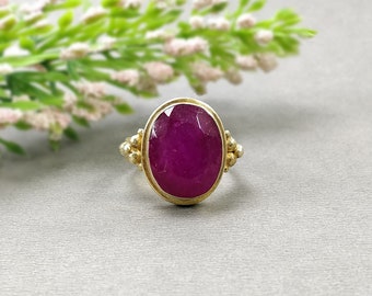 RED RUBY Gemstone RING : 925 Sterling Silver Natural Glass Filled Ruby Oval Normal Cut Bezel Set Gold Plated Unisex Ring 8US (With Video)