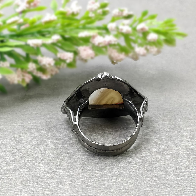 925 Sterling Silver RING : Natural BOTSWANA AGATE Gemstone Uneven Shape Cabochon Bezel Set Fine Statement Victorian Ring 7.5US With Video image 3