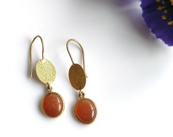 Rhinestone Gemstone Earring : 1.75" 3.08gms Handmade 18k Gold Plated Brass Brushed Texture Oval Bezel Set Drop Dangle Hook Earrings