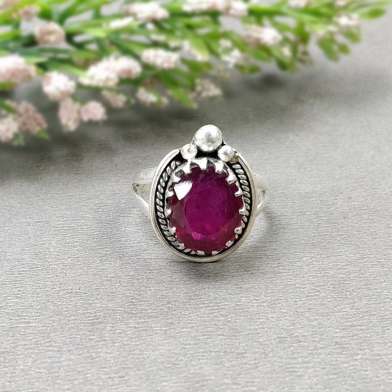 RED RUBY Gemstone RING : 925 Sterling Silver Natural Glass Filled Ruby Oval Normal Cut Bezel Set Fine Statement Unisex Ring 8US With Video image 1