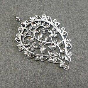 925 Sterling Silver With Cubic Zirconia Pendant : 10.67gms Fashion Jewellry Single Side Floral Leaf Pendant 2.5 Gift For Her image 4