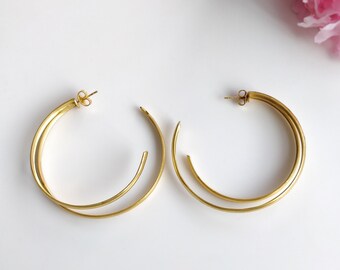 Handmade Brass Earring : 2.25" 18k Gold Plated 10.55GMS Brass Boho Style Large Dainty Hoop Push Back Earring Gift For Her