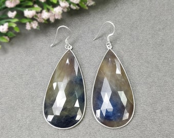 MULTI SAPPHIRE Gemstone Earrings : 19.42gms Natural Sapphire 925 Sterling Silver Drop Dangle Bezel Set Earrings 2.51" (With Video)
