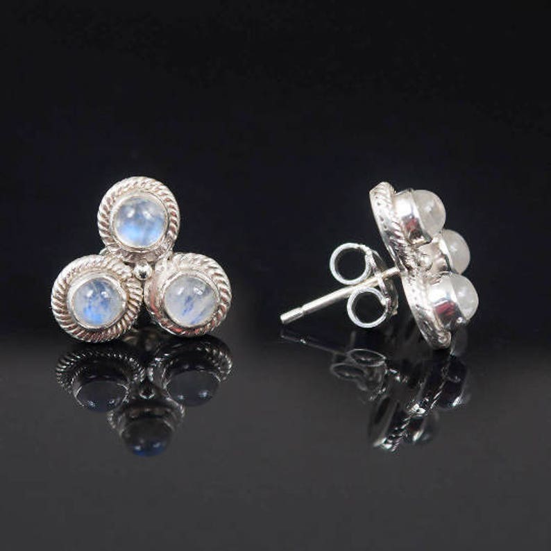 moonstone stud earrings 4 mm round cab Gemstone 925 Sterling Silver jewelry
