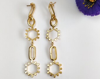 Handmade Brass Earring : 3" 18k Gold Plated 10.50GMS Brass Boho Style Circal Drop Dangle Push Back Earring Gift For Her