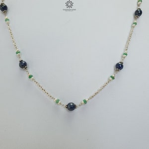 Sapphire Emerald & Pearl Beads Necklace: 10.26gms 925 Sterling Silver Blue Sapphire Green Emerald Gemstone Chain Necklace 18&quot;