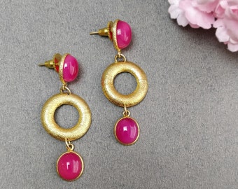 PINK Fuchsia Quartz Gemstone Brass Earring : 2.25" Handmade 18k Gold Plated 8.00gms Boho Style Round Bezel Push Back Drop Dangle Earring