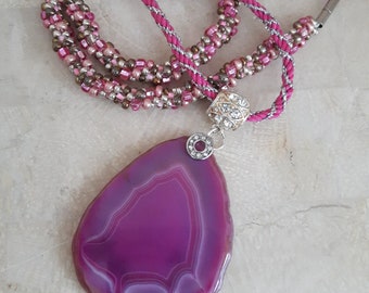 Pink and Silver Kumihimo Necklace with Agate Pendant