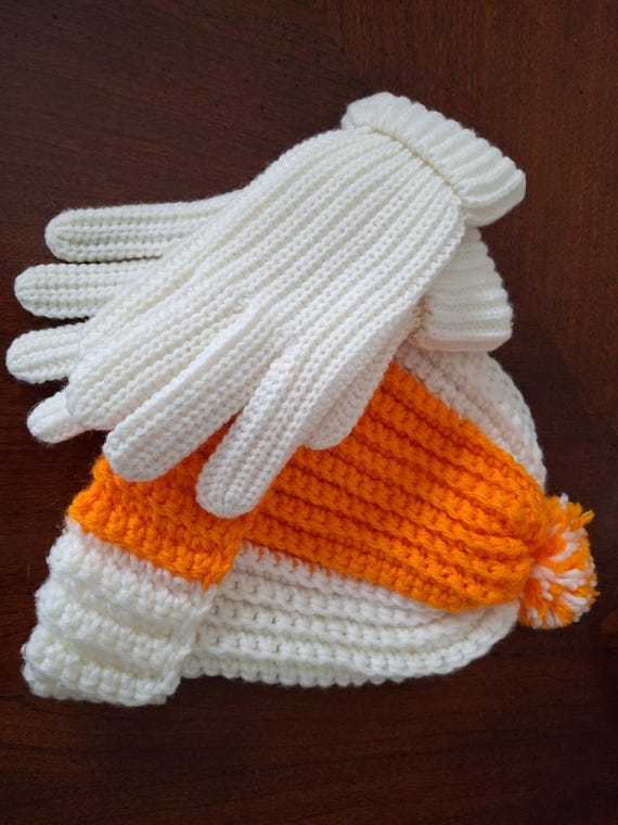 Hand Knit Pom-pom Hat and Gloves Set: Orange & White Winter  display picture 1