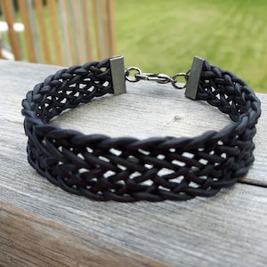 Men&#39;s or Unisex Black Leather Kumihimo Bracelet, Flat Braid Leather Kumihimo Bracelet