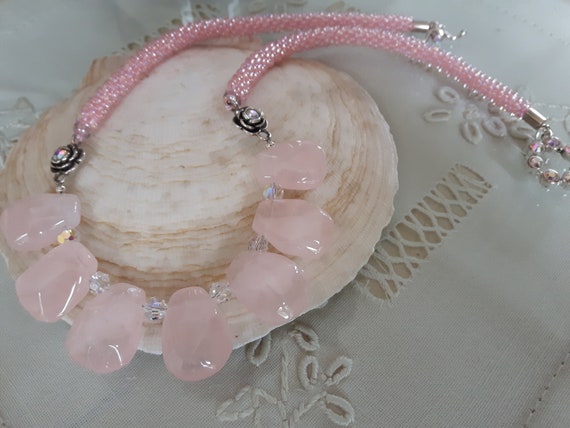 Rose Quartz Gemstone and Swarovski Crystal Pink Kumihimo Necklace