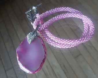 Pink Kumihimo Necklace: Dyed Agate Pendant, Seed Bead Braiding