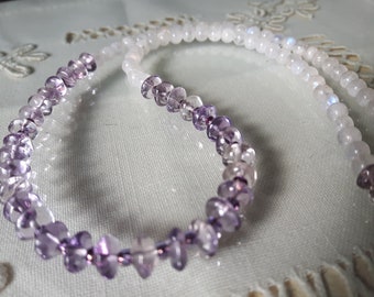 Amethyst and Moonstone Beaded Necklace, Amethyst and Moonstone Minimalist Necklace