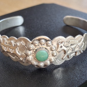 Sterling Fred Harvey Era Cuff Bracelet, Women's Sterling Stamped Bracelet with Turquoise, Best Friend Railway Bracelet