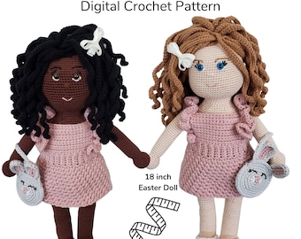 Patrón Muñeca Ganchillo con Vestido Rosa, Muñeca Amigurumi 18 Pulgada para Primavera, Patrón Muñeca Niña, Muñeca Bebé de Ganchillo con Monedero Conejito PDF