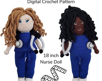 Patrón de muñeca enfermera de ganchillo, trabajador sanitario Amigurumi de 18 pulgadas, muñeca de ganchillo niña con bata y estetoscopio