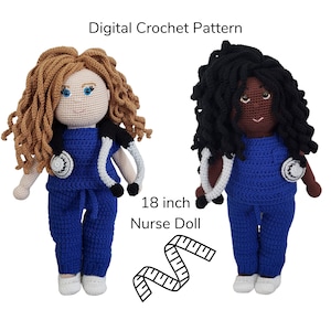 Crochet Nurse Doll Pattern, Amigurumi 18 Inch Healthcare Worker, Girl Crochet Doll with Scrubs and Stethoscope