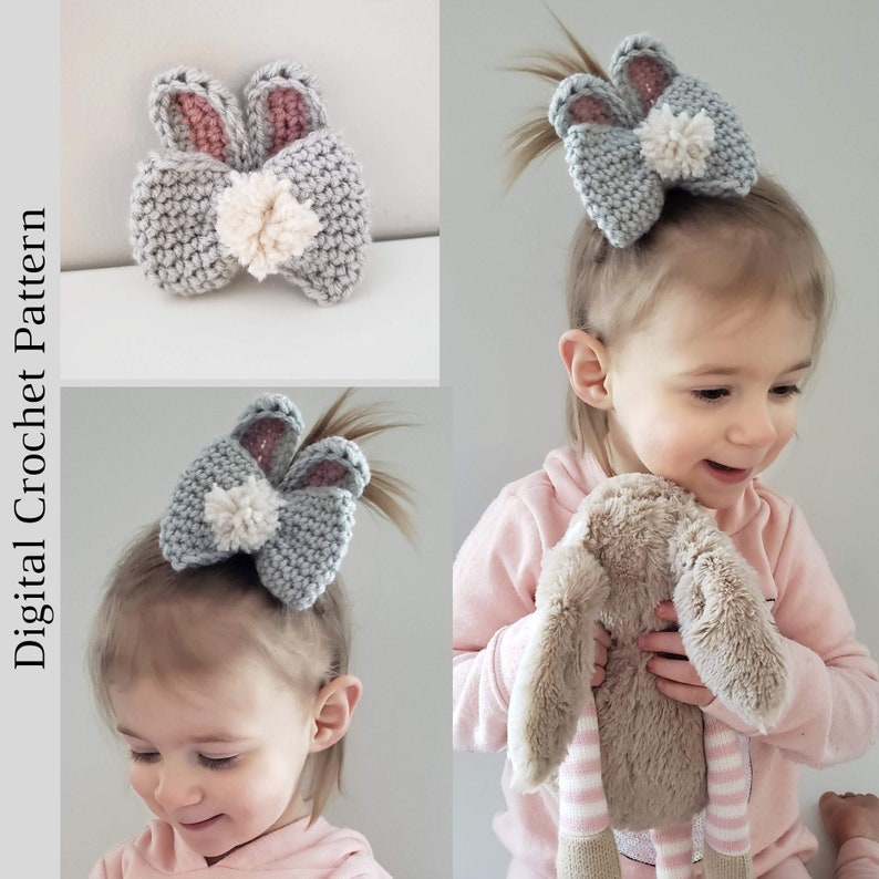 Bunny Bow Crochet Pattern, Bunny Ear Hair Bow Pattern, Easter Bunny Bow, Spring Crochet PDF, Girl Hair Bow Pattern image 1