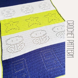 May include: Crochet pattern for a baby blanket with a striped design in blue, white, and yellow. The blanket features a repeating pattern of stars and circles.