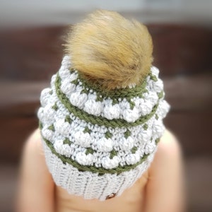 May include: A gray and green crocheted beanie with a fluffy brown pom pom on top.
