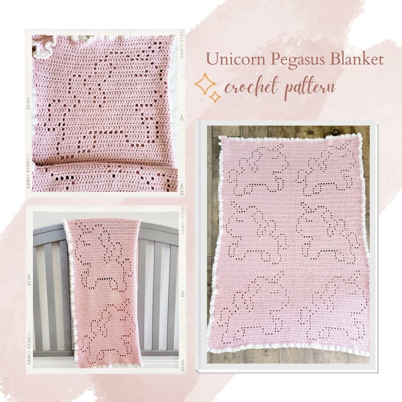 Crochet Unicorn Blanket, Crochet Pattern, Pegasus Filet Crochet, Baby Girl Gift, Baby Shower, Nursery Decor image 2