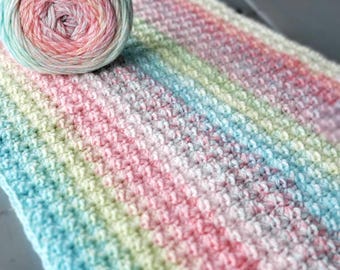Patrón moderno de manta de crochet con punto racimo, manta de crochet fácil, manta arcoíris para principiantes, escrita en inglés
