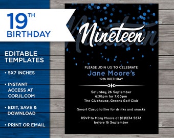 19th Birthday Invitation, 19th Birthday Invitation Template, 19th Birthday Invitation Editable, Editable Birthday Invitation, 19 Years old
